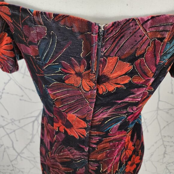 By Night VTG 90's Dark Floral Velvet Strappy Off Shoulder Dress - Picture 5 of 7